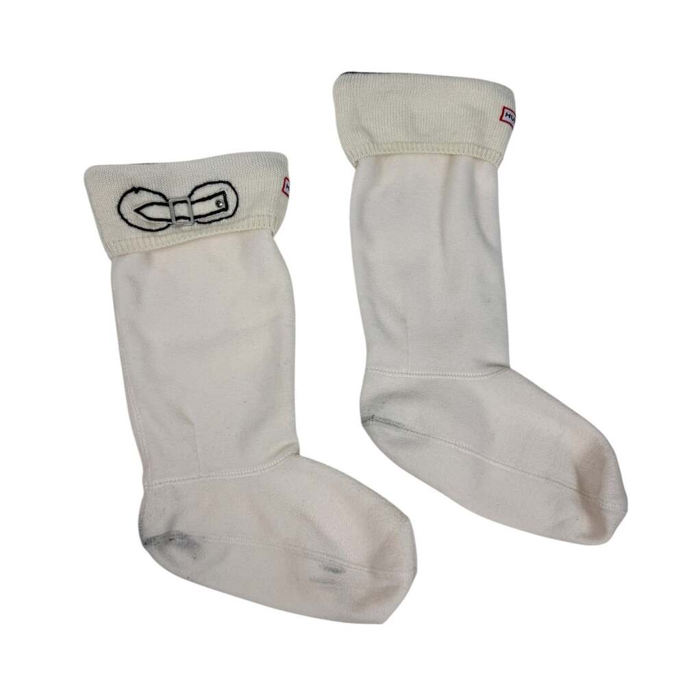 Hunter White Fleece Black Embroidered Bow Detail Wellie Boot Socks M